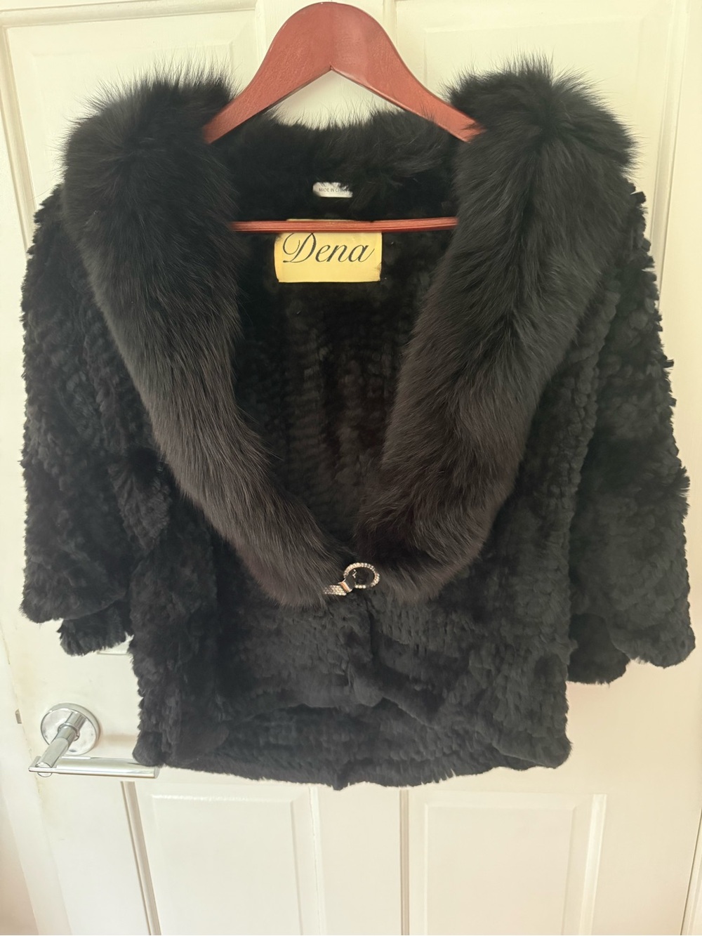 Dena Black Rex Knit Fox Fur Trim Women's Jacket Shrug Stole, Sz S